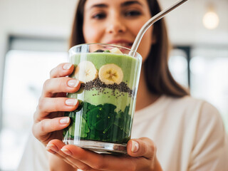 Woman holding spinach and banana smoothie in a glass with a straw in a bright cafe
