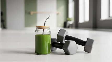 Smoothie jar next to dumbbells on a gym floor in a modern fitness studio