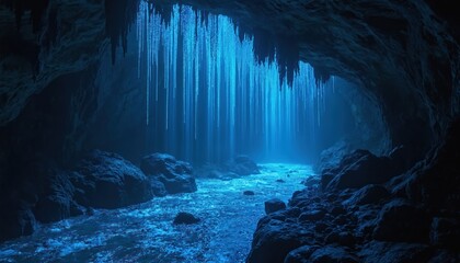 An underground cave with a flowing river and icicle like formations lit by magical blue bioluminescence. The natural subterranean wonder offers a mystical journey into darkness and hidden beauty.