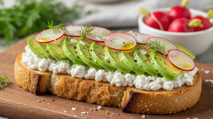 Avocado toast with radish and cottage cheese on a wooden board in a cozy kitchen setting