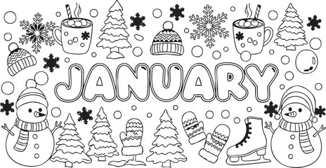 Obraz premium A winter scene illustration featuring snowmen, Christmas trees, and hot beverages in a cold environment viewed from the front.