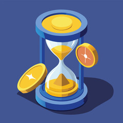 Isometric 3D illustration of a glass hourglass filled with gold coins, symbolizing the concept of time is money, financial investment, and wealth management.