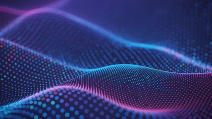 Abstract digital waveform of glowing particles in blue and pink neon light, representing data flow and technology.