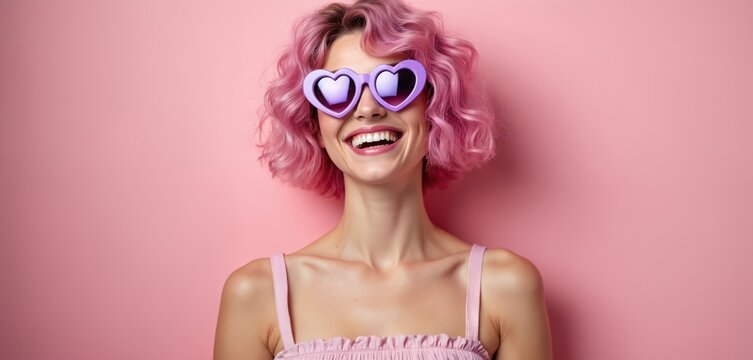 Young woman with pink hair and heart glasses smiles broadly against a solid pink background. She wears a pink top, radiating joy and playful fashion sense.