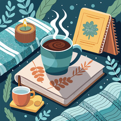 Cozy winter lifestyle illustration featuring a steaming cup of coffee, an open book, and a lit candle in a relaxing environment, symbolizing comfort and hygge.