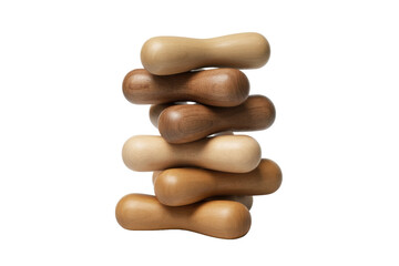 Stack of wooden bone-shaped dumbbells