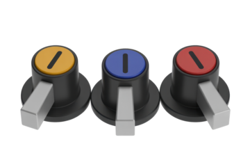 Three colorful knobs for equipment