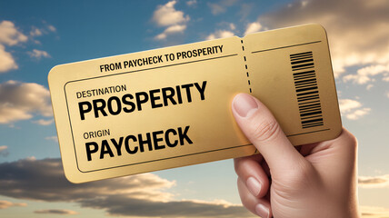 From paycheck to prosperity gold ticket financial journey concept text "FROM PAYCHECK TO PROSPERITY" "DESTINATION PROSPERITY" "ORIGIN PAYCHECK"
