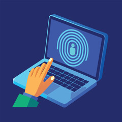 Cyber security concept illustration showing a hand interacting with a laptop featuring a biometric fingerprint scan for secure access control and authentication.