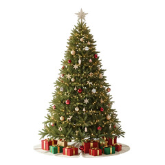 Fototapeta premium Decorated Christmas tree with presents in festive holiday lighting for seasonal promotion.