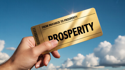 From paycheck to prosperity gold ticket success and wealth concept text "FROM PAYCHECK TO PROSPERITY" "PROSPERITY"
