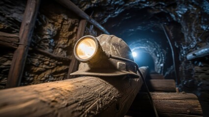 An old mine tunnel with a dusty helmet, its lamp illuminating the dark, wooden structure