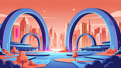 Futuristic cityscape with sleek blue arches and vibrant orange skyline at sunset, modern architecture and transportation concept with abstract landscape