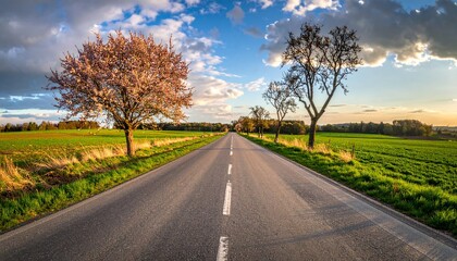 Fototapeta premium Bright road stretches through green fields and blooming trees under a clear sky during late afternoon
