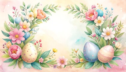 Watercolor Easter Eggs Floral Frame Background.