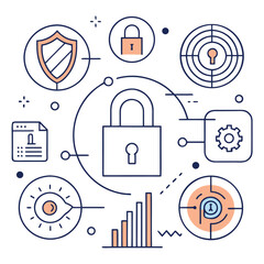 Modern Line Art Illustration of Information Security and Data Protection Concept featuring Padlock, Shield, Target, and Analytics Icons