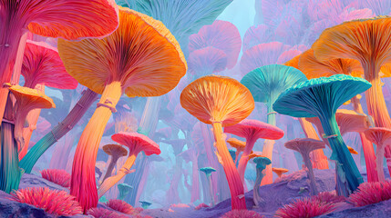 un mundo de fantasia con crecimiento de hongos coloridos y surrealistas en un campo o bosque de hongos llamativos alucinogenos