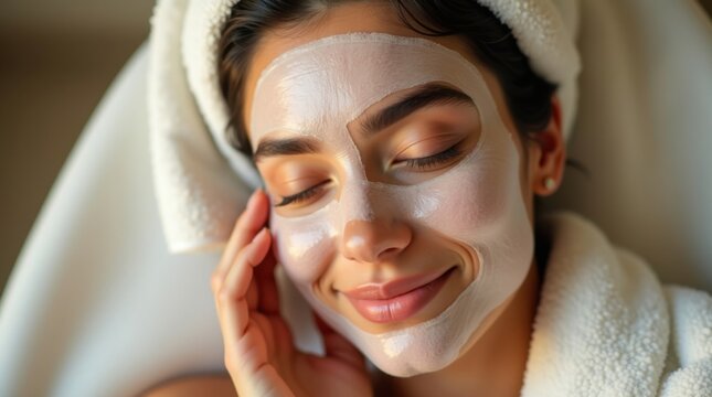 Mujer elegante despu&eacute;s del ba&ntilde;o, envuelta en una toalla aplic&aacute;ndose una mascarilla facial
