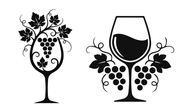 Elegant black and white wine glass with grapes and leaves, classic vineyard symbol. wine glass, grape vine, alcohol icon