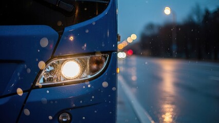 Blue vehicle headlight illuminates a wet road at dusk with bokeh lights