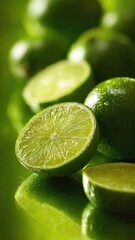 Fresh green limes, halved and sliced, arranged on a glossy green surface. Concept Citrus Still Life, Lime Close-Up, Fresh Produce, Halved Limes, Glossy Green Surface