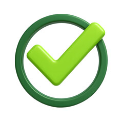 Bright Green 3D Check Mark in Circle on Transparent Background