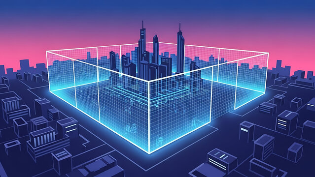 A futuristic cityscape with a glowing blue transparent cube containing a miniature city, set against a vibrant pink and purple evening sky with skyscrapers and buildings - Powered by Adobe