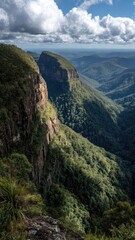 Fototapeta premium Dramatic gorge with towering cliff faces and a dense green rainforest stretching into the distance under a cloudy blue sky. Concept Dramatic Gorge, Towering Cliff Faces, Dense Green Rainforest