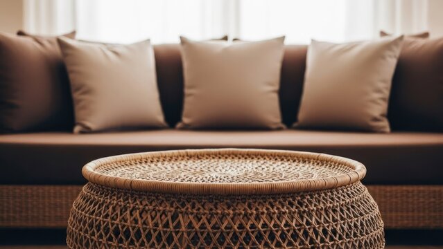 A wicker table in focus, with a brown sofa and pillows blurred in the background