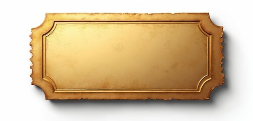 A vintage golden ticket with a blank center lies flat on a white surface. The ticket has torn edges and a textured appearance. Use this for contests, awards, or special invitations.