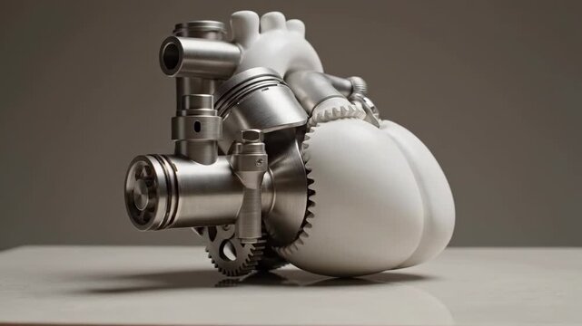 A white stylized heart is fused with metallic engine parts