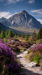 Obraz premium Path winds through purple heather toward a towering mountain under a clear blue sky. Concept Mountain Landscape, Heather Field, Clear Blue Sky, Winding Path, Scenic Photography