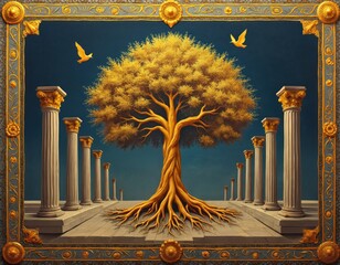 Golden tree with visible roots stands between ancient pillars. Birds fly above majestic ancient scene with ornate frame. Symbolic nature and architecture meet.