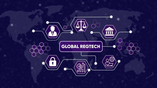 Global Regtech Network with Icons and World Map regulation. Management and Digital Transformation Technology Background. icons on technology abstract 4K Animation background.