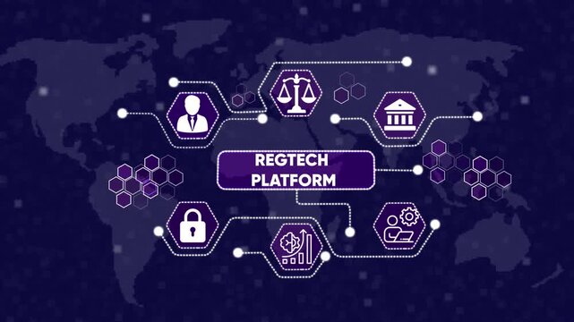 Regtech Platform Network on World Map with Icons regulation .Management and Digital Transformation Technology Background. icons on technology abstract 4K Animation background.