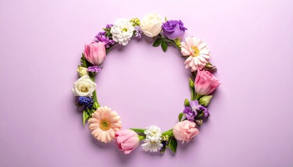 Bright flowers arranged in a circular shape on a purple background for decoration or design use