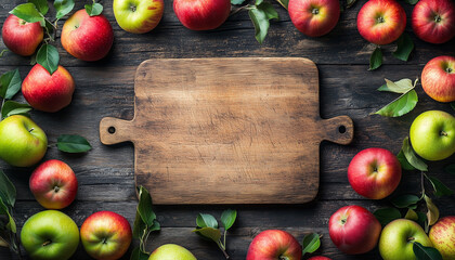 Empty wooden board with apples copy space layout template for a food background copy space and cutting board