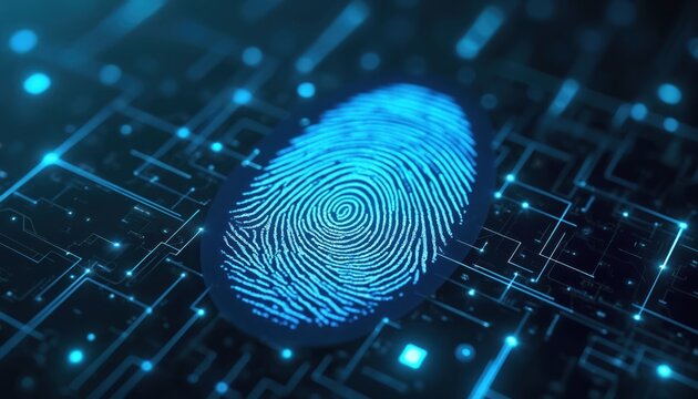 Abstract fingerprint hologram glows on digital circuit board. Digital identity verification and cybersecurity concept for secure access. Biometric scan protects data. - Powered by Adobe