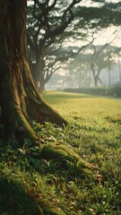 Obraz premium A mossy tree trunk in a sunlit park, with lush green grass and a line of trees receding into the distance. Concept Mossy Tree Trunk, Sunlit Park, Lush Green Grass, Receding Line Of Trees