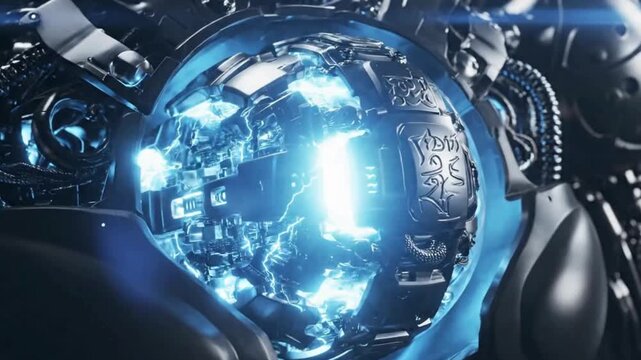 Close up view of a futuristic dark metallic robot core displaying intense blue electrical energy within a protective transparent sphere mechanism