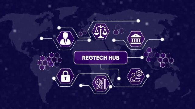 Global Reg Tech Hub Concept with Icons regtech regulatory. Management and Digital Transformation Technology Background. icons on technology abstract 4K Animation background.