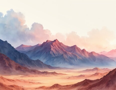 Watercolor painting shows mountain range and desert valley with soft colorful clouds at sunrise. Scenic landscape art displays peaks in pastel hues of pink blue and orange tones. - Powered by Adobe
