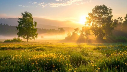 Obraz premium Sunrise over a field with flowers and trees in the early morning light
