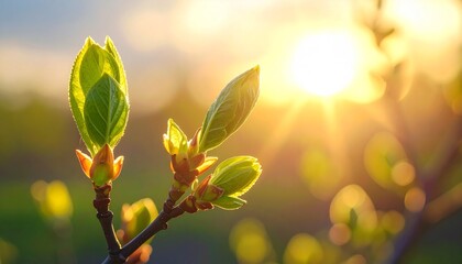 Sunrise with new buds on a branch in a garden during springtime in the morning light