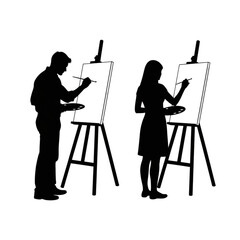 Silhouette of people painting on easels Isolated On Transparent Background.