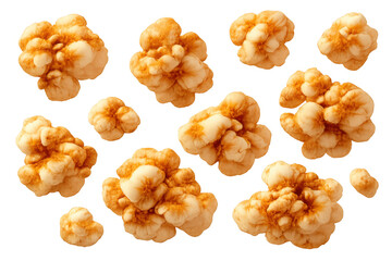 Multiple explosion effects creating an orange smoke cloud, isolated on transparent background, for fire and blast overlays