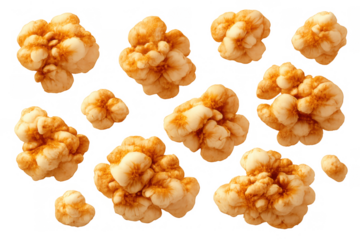 Multiple explosion effects creating an orange smoke cloud, isolated on transparent background, for fire and blast overlays