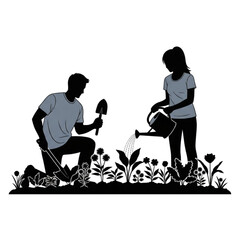 Silhouette of people planting flowers Isolated On Transparent Background.