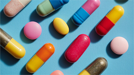 Colorful Pills and Capsules Flat Lay on Blue Background, Assorted Medication and Vitamins Concept, Healthcare and Pharmacy Pattern