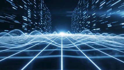 Abstract digital landscape featuring a glowing blue grid pathway extending toward a bright central light source surrounded by data streams - Powered by Adobe